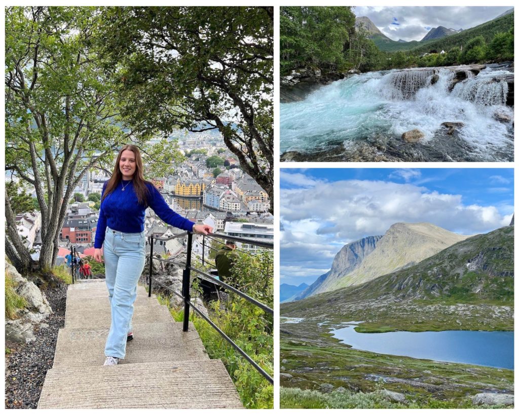 Ung kvinne står i en steintrapp. Bak henne er det trehus. På sidene er det bilder av en foss og norsk natur med fjell og et fjellvann.